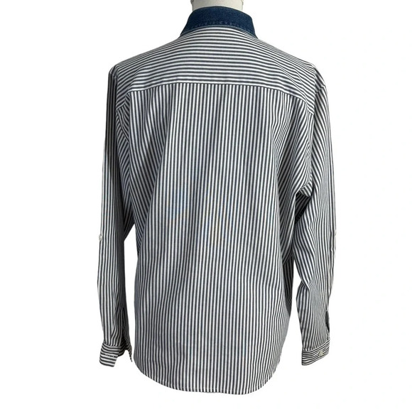 Napa Valley Striped Flower Embroidered Button Up Shirt Denim Collar Petite Large - Picture 4 of 10
